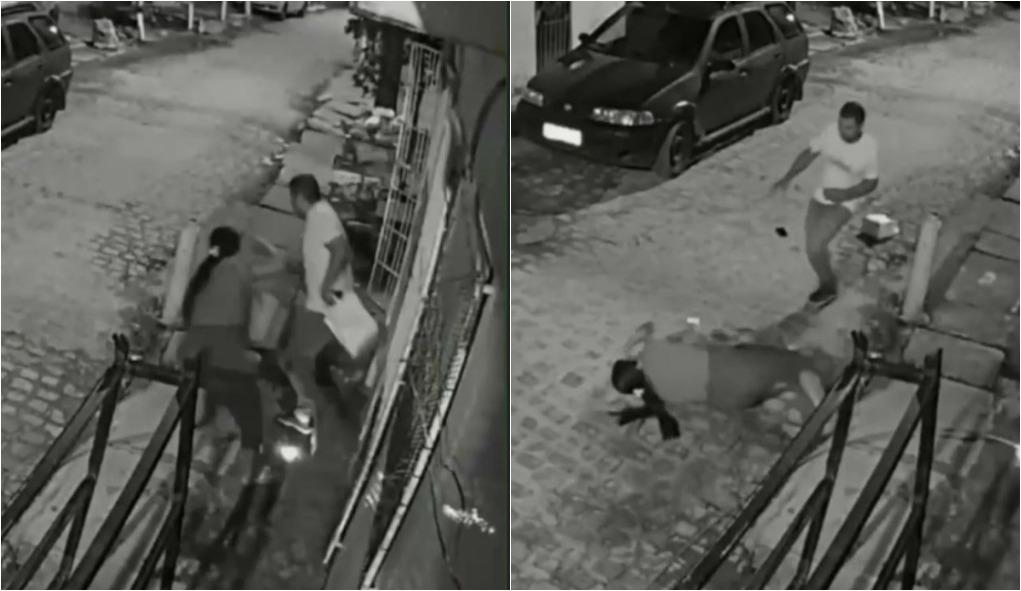 Montagem de fotos de casal sendo atingido por fio de energia elétrica que caiu de poste em Recife. Vítimas sofreram choques e queimaduras