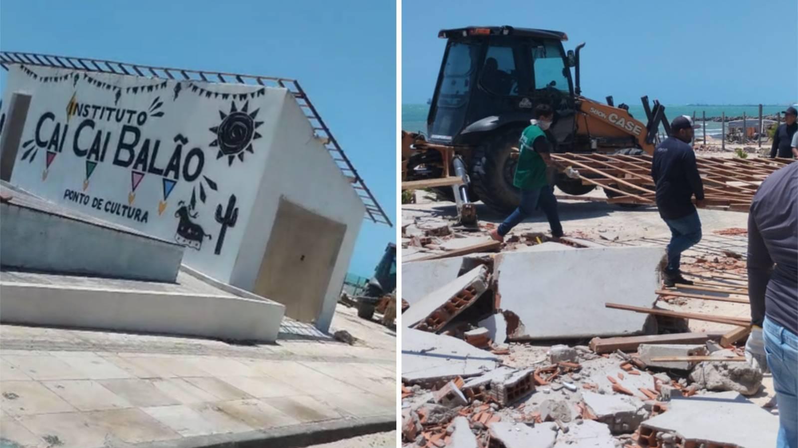 Colagem mostra Demolição do Instituto Cai Cai Balão pelo Prefeitura, no Pirambu, ilustrando fala de Evandro Leitão afirmando que está em busca de novo terreno