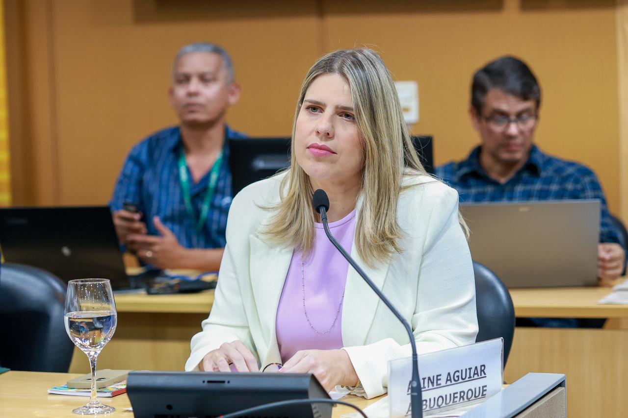 Foto mostra Aline Albuquerque durante a sabatina da Comissão de Constituição e Justiça da Alece na terça-feira (26)