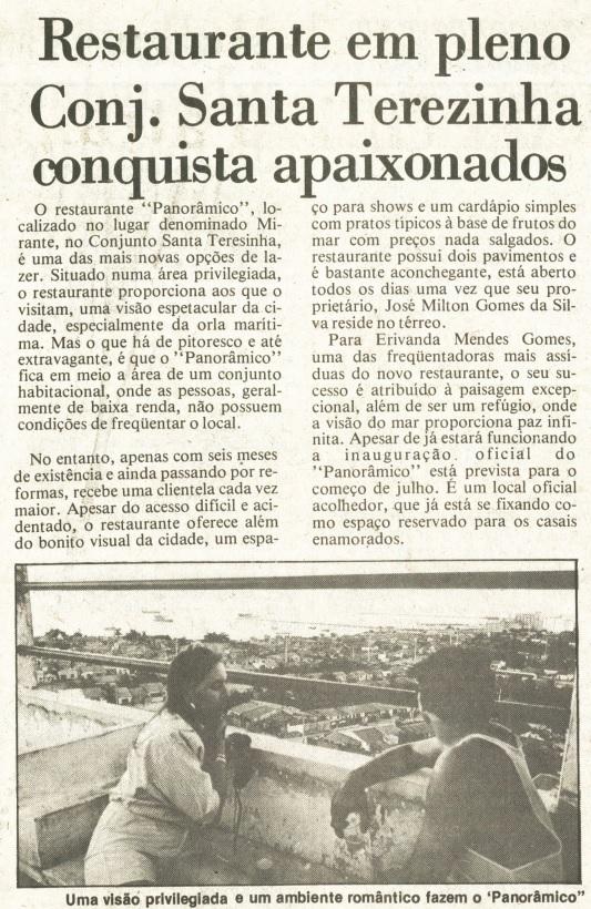 Matéria de jornal sobre o restaurante “Panorâmico”, no Conjunto Santa Terezinha, destacando sua vista privilegiada e ambiente romântico. Na parte inferior, há uma foto em preto e branco de um casal conversando em uma mureta com a cidade ao fundo.