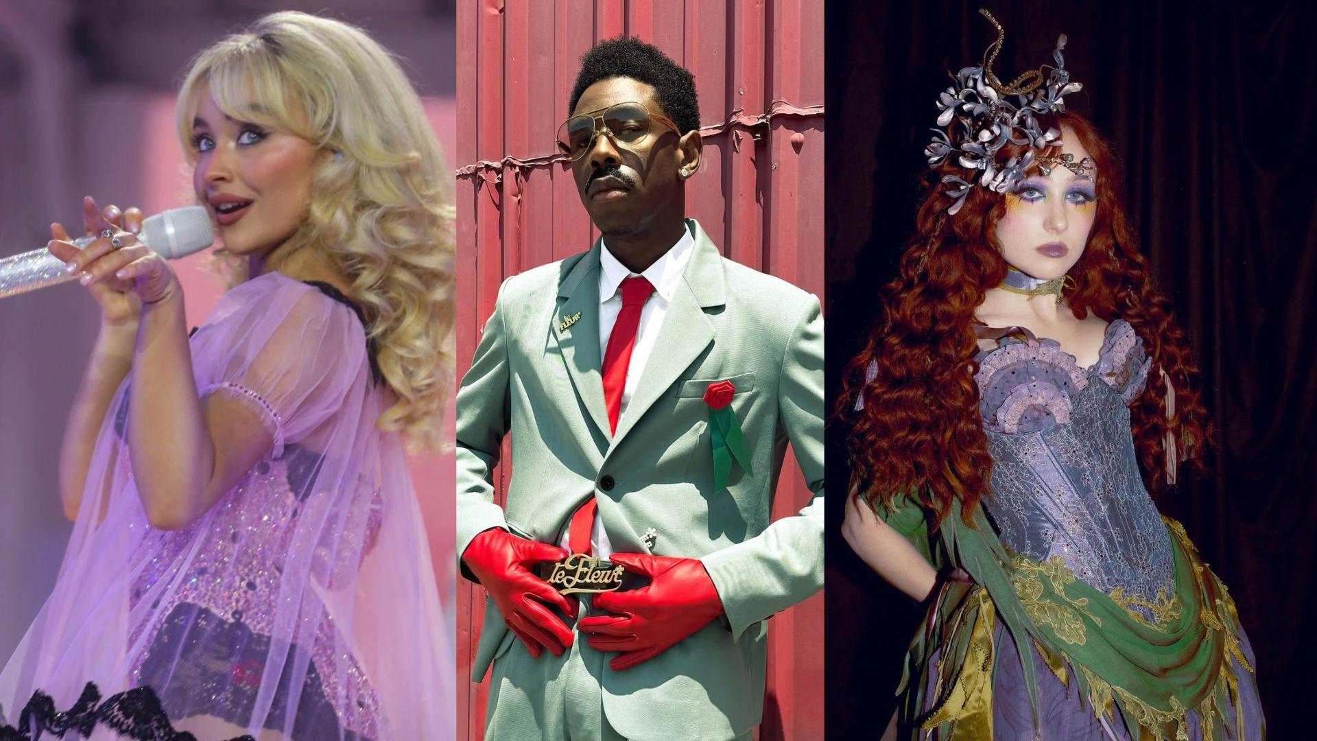 Imagem de três personagens em estilos diferentes: uma mulher com visual de cantora, um homem com traje formal colorido e uma mulher com cabelo vermelho e figurino teatral. Foco em diversidade de looks e estilos artísticos.