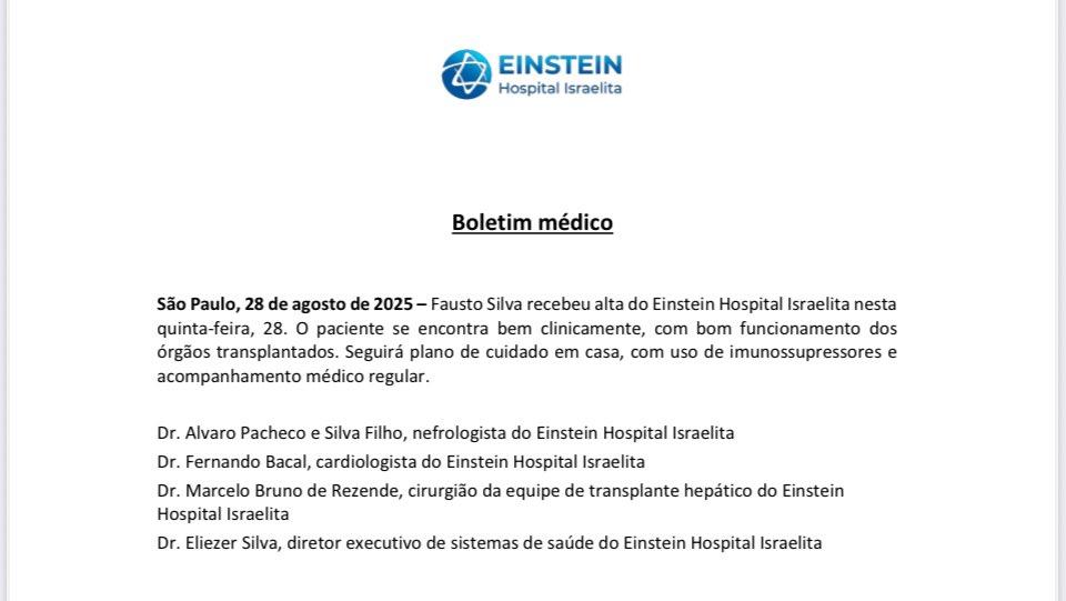 Imagem mostra boletim médico divulgado pelo Einstein Hospital Israelita sobre alta do Fastão