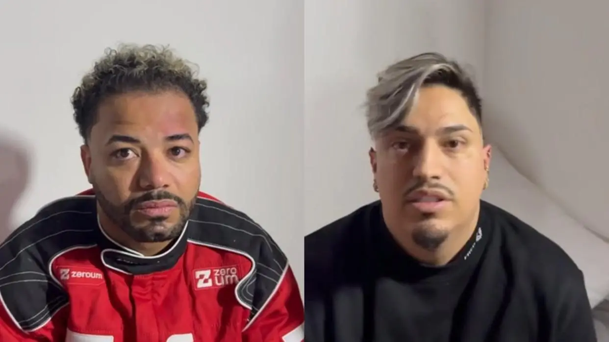 montagem de fotos de Hytalo Santos e o marido Euro em presídio