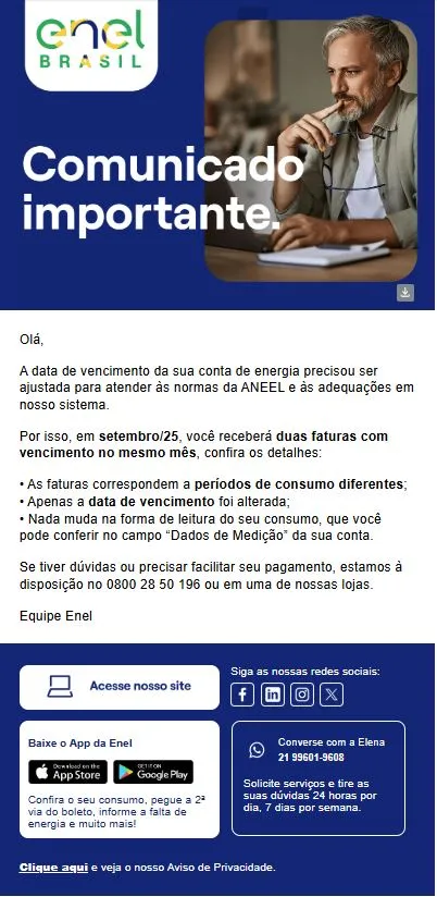 Enel Ceará está enviando comunicado para aqueles clientes que serã oatingidos com a medida e receberão dois boletos com cobranças distintas no mês de setembro