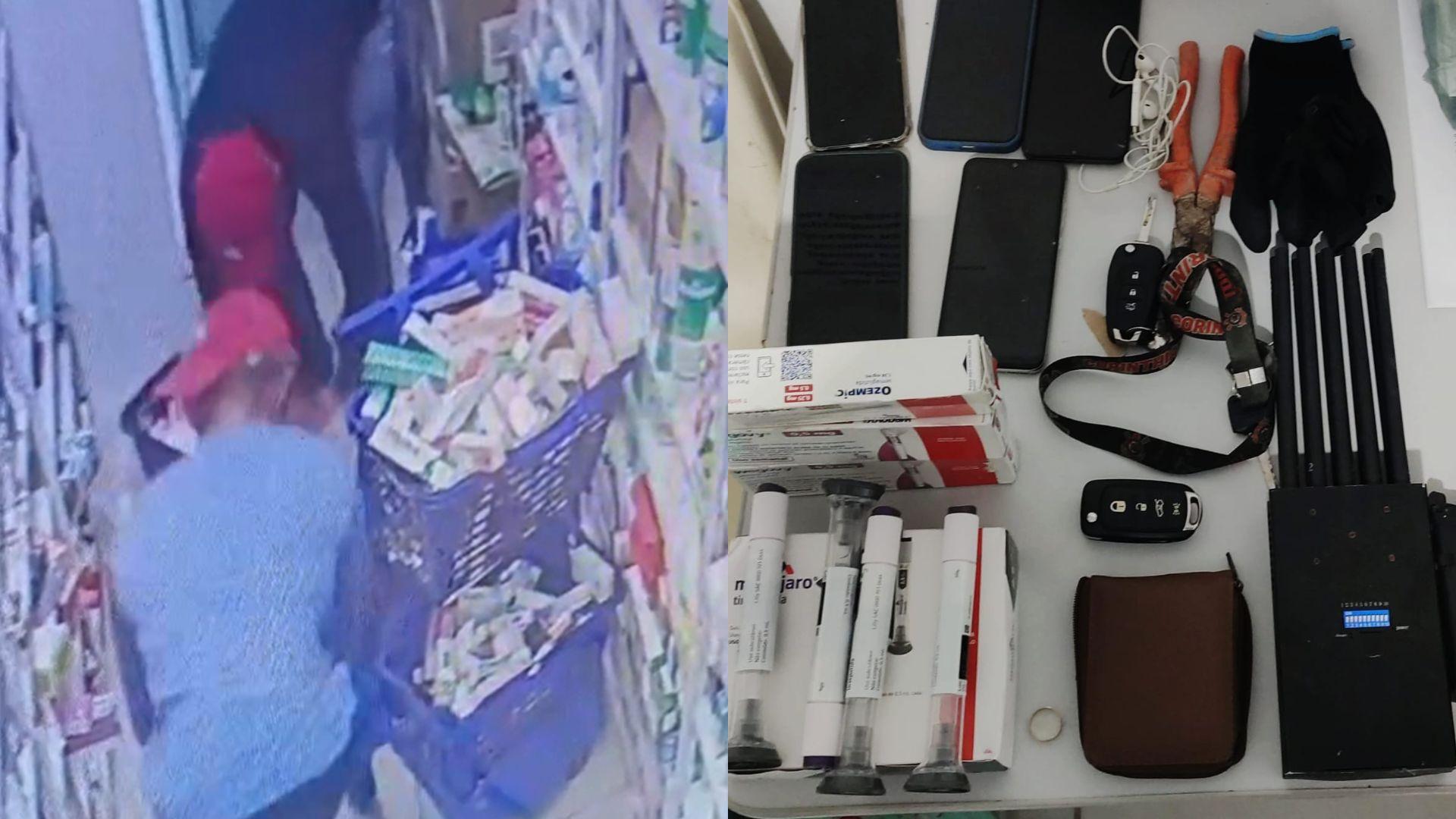 Colagem de fotos com o momento do assalto a farmácia no Eusébio e as canetas emagrecedoras
