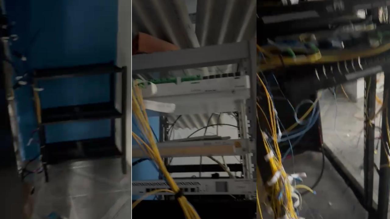 Na imagem, fios e cabos espalhados pelo chão de empresa de provedor de internet roubada no bairro Barra do Ceará por facção criminosa