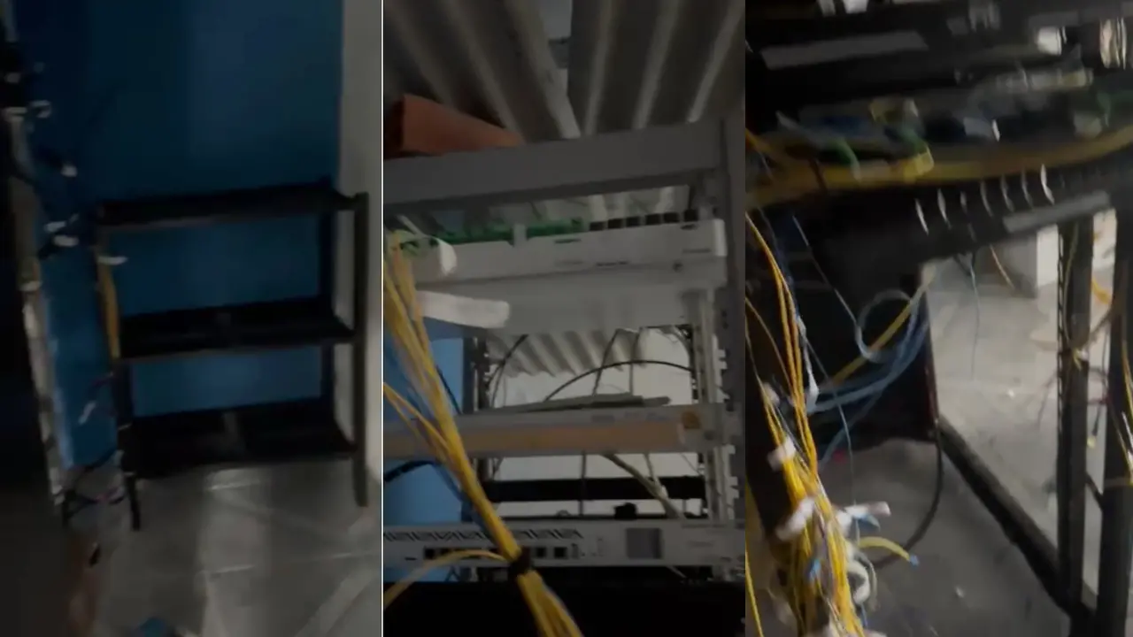 Na imagem, fios e cabos espalhados pelo chão de empresa de provedor de internet roubada no bairro Barra do Ceará por facção criminosa