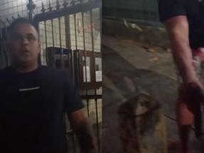 Imagem dividida em duas partes. À esquerda, um homem de camiseta preta está de frente para a câmera, em frente a um portão de grade metálica, com expressão séria. À direita, vê-se parte inferior do corpo do mesmo homem com bermuda estampada, segurando uma arma de fogo apontada para baixo. O chão está sujo com o que parece ser sangue e há folhas secas espalhadas.
