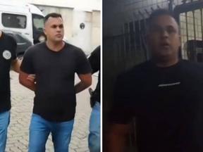 Colagem com duas imagens mostra, à esquerda, o policial penal José Rodrigo da Silva Ferrarini sendo preso no Rio de Janeiro e, à direita, o mesmo agente quando foi filmado atirando em entregador. Fotos ilustram fala do agente que afirma que disparo foi acidental