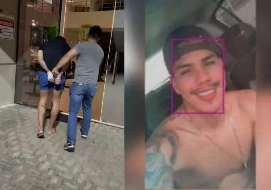 Fotos mostram o suspeito Gutierre da Cunha Rodrigues sendo preso pela Polícia Civil e quando estava em liberdade, sem camisa, tirando uma selfie dentro de um carro