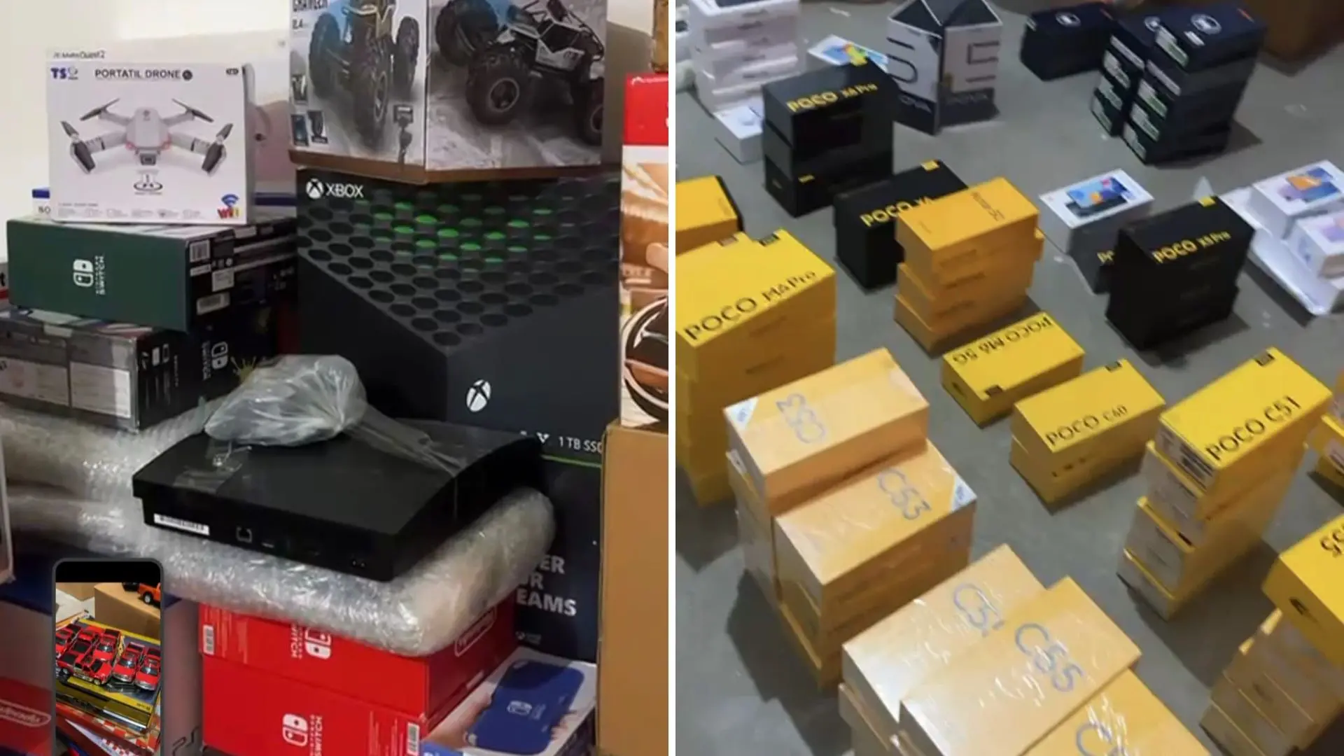 foto de bazar com produtos da Receita Federal em Caucaia. Na foto, videogames, celulares e drones