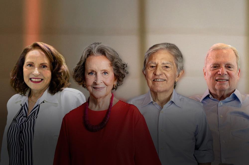 Na imagem, os quatro homenageados do Troféu Sereia de Ouro 2025: da esquerda para a direita, estão Adriana Costa e Forti, Guiomar Marinho, Oto de Sá Cavalcante e Tasso Jereissati