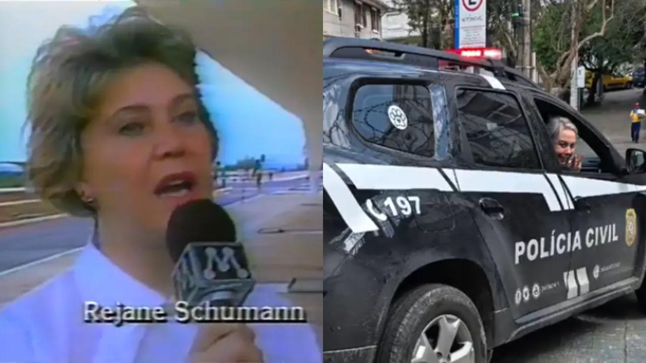 Foto montagem de Rejane Schumann com microfone na mão na década de 1980. Na segunda foto, ela aparece em viatura da Polícia Civil