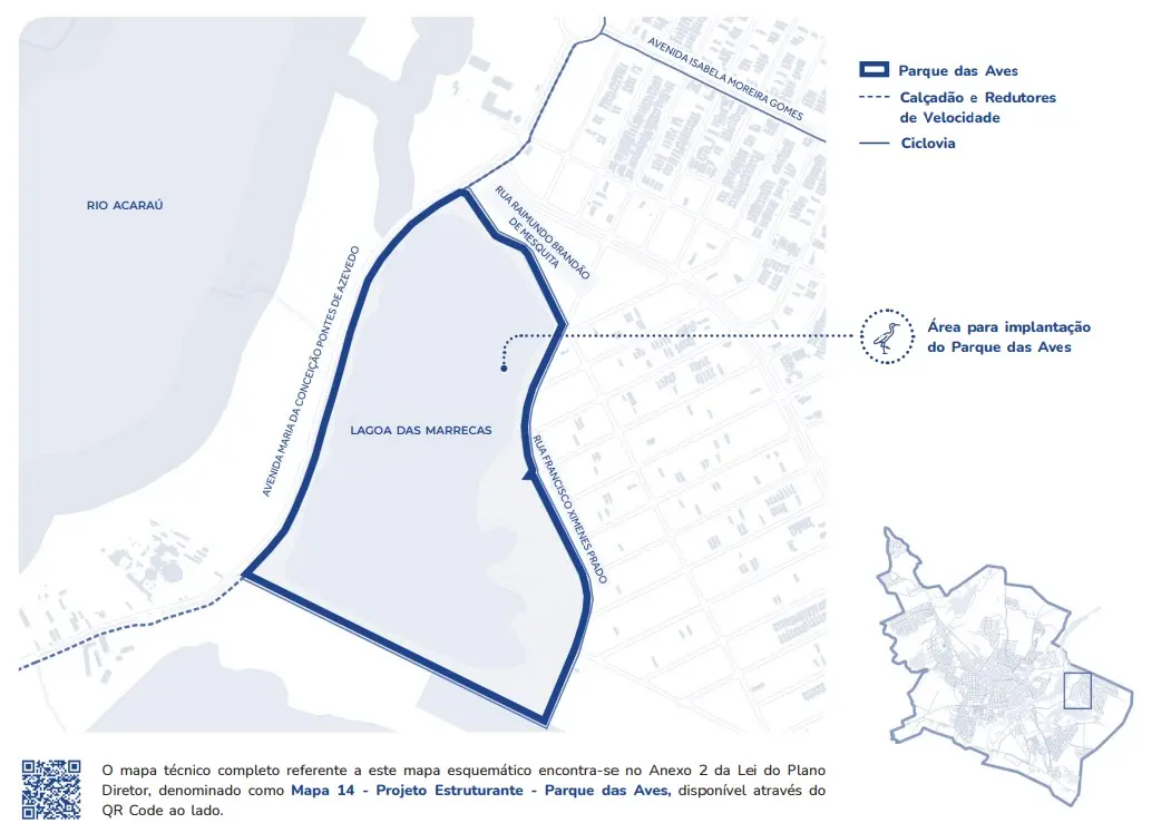 Mapa em tons de azul mostra área de criação de parque das Aves na cidade de Sobral, perto da Lagoa das Marrecas