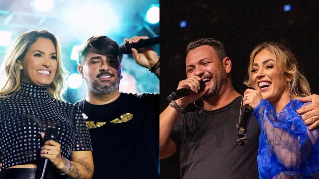 Montagem de foto de Yara Tchê e Alessandro Costa da banda Seu Desejo ao lado de foto da dupla Mirella e Lenno