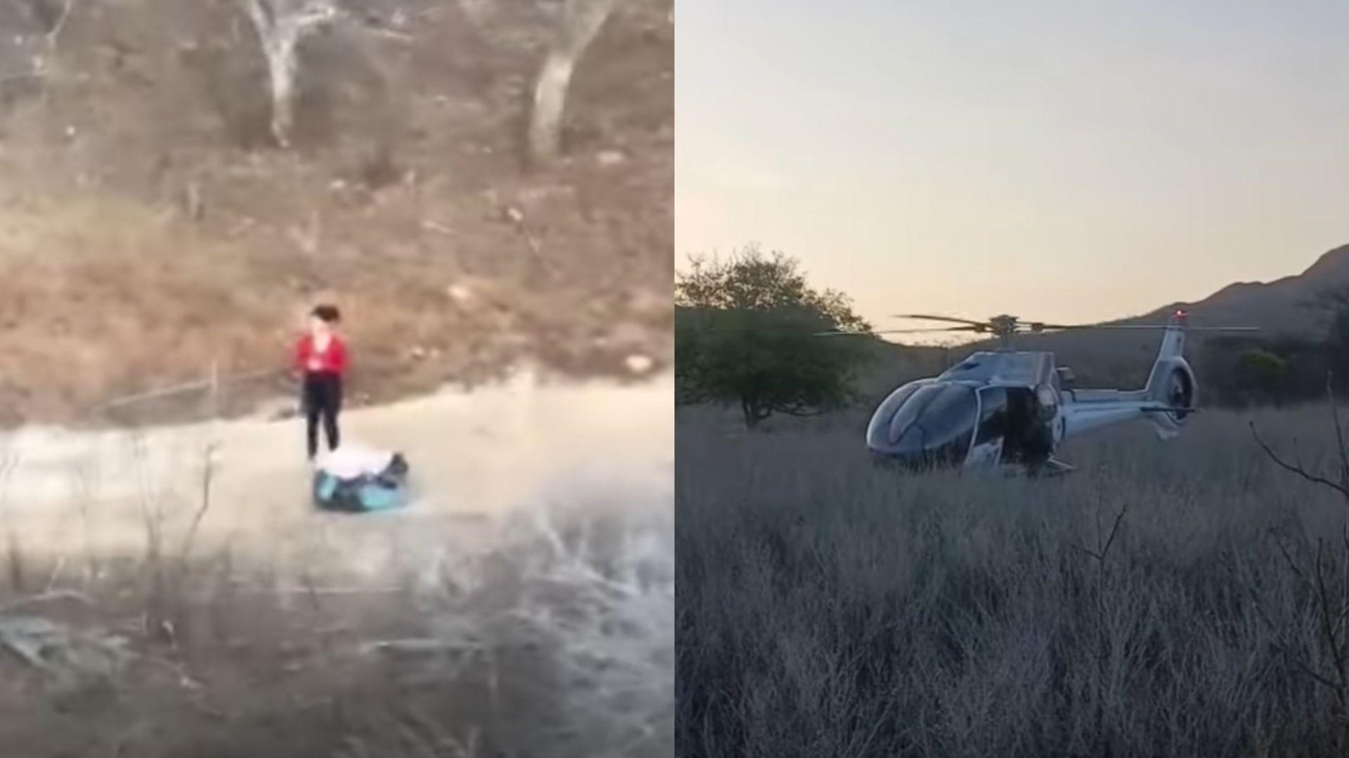 Colagem de fotos mostrando a vítima perdida após decolar de parapente e o momento do resgate