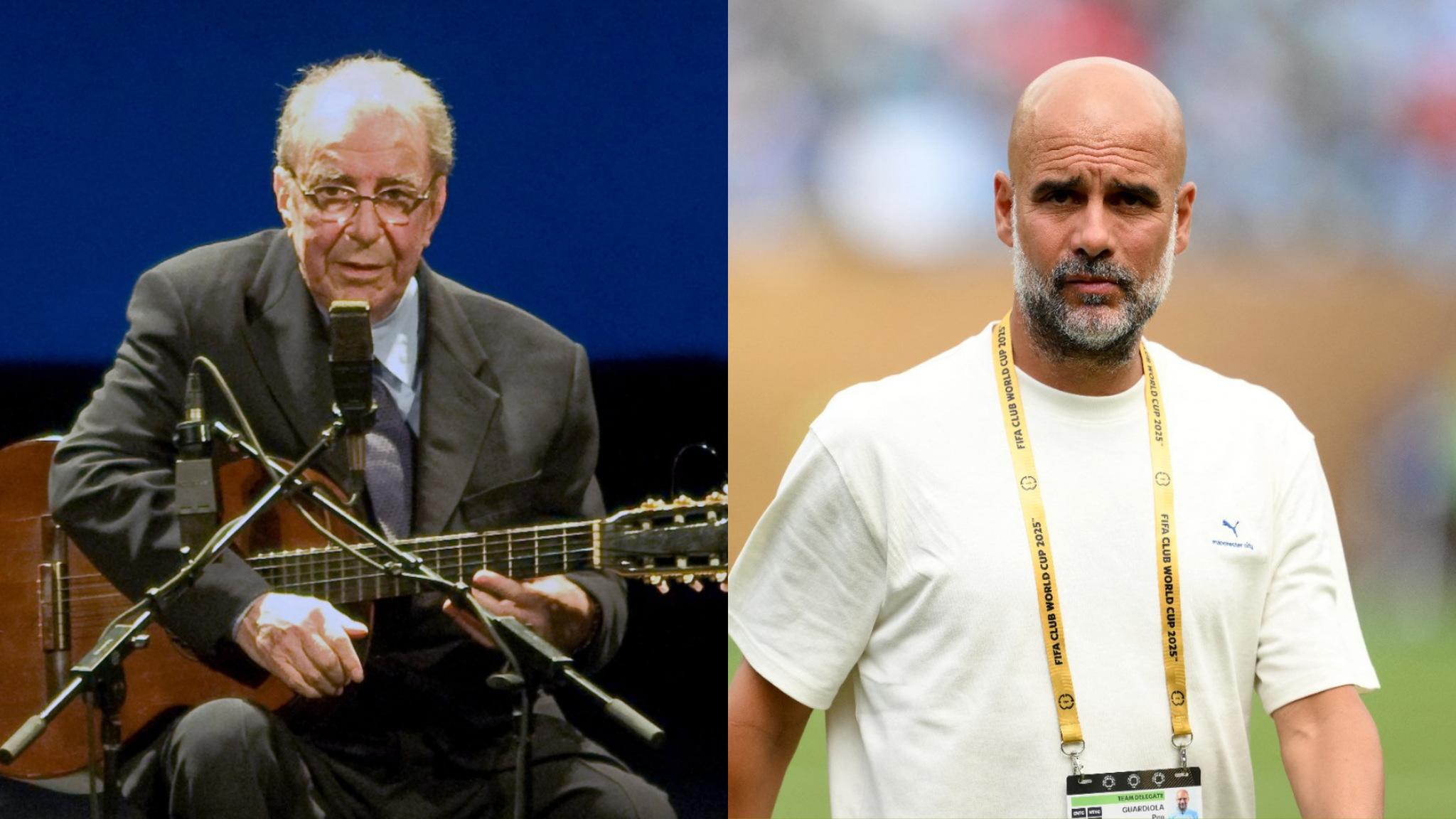 Montagem de fotos de João Gilberto e Pep Guardiola