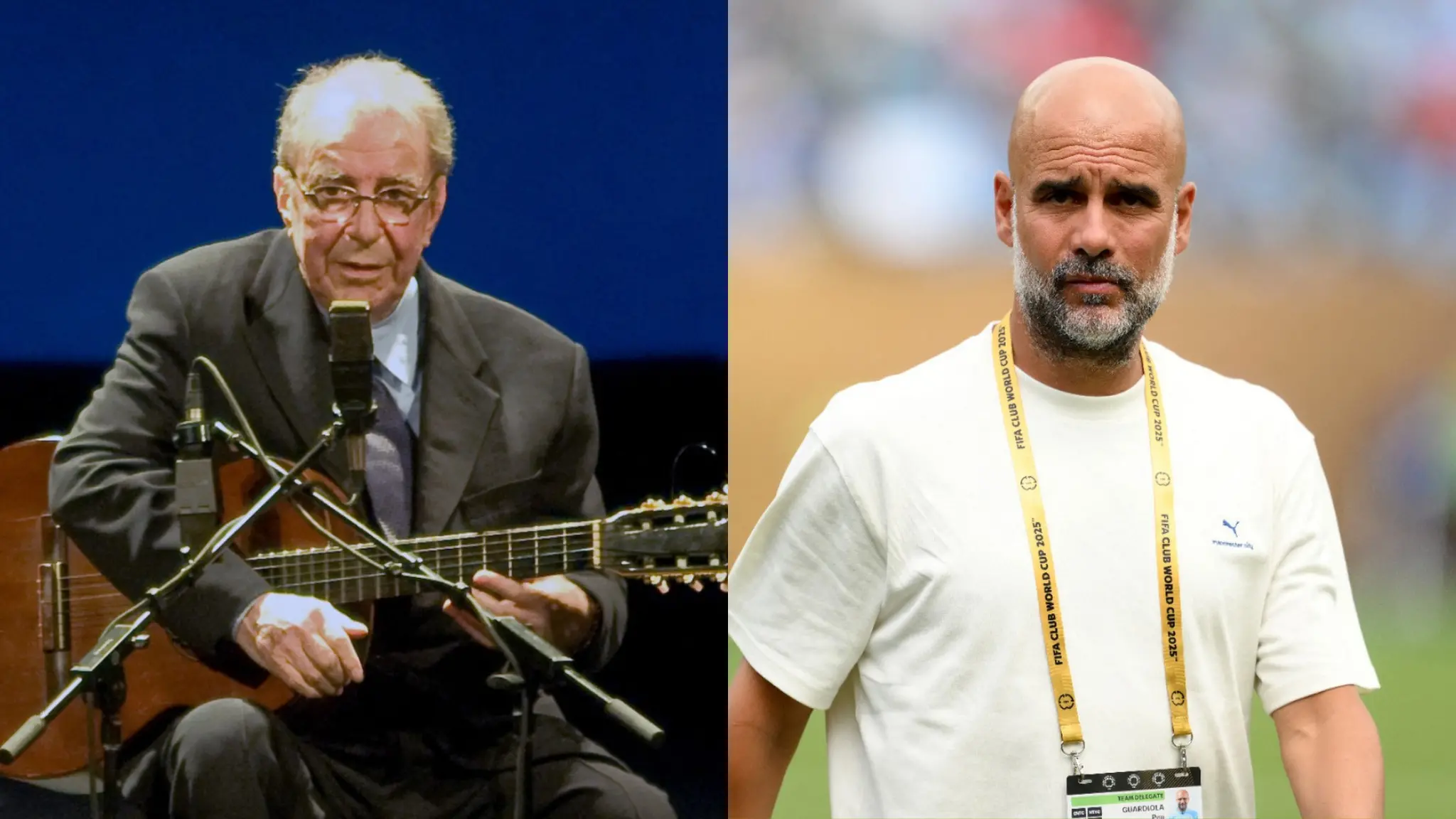 Montagem de fotos de João Gilberto e Pep Guardiola