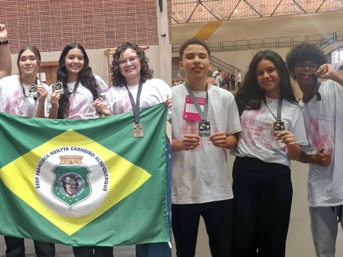 Duas fotos lado a lado. Na imagem da esquerda, três adolescentes, duas meninas e um menino, seguram medalhas e uma grande bandeira do Brasil. O logotipo no centro da bandeira diz 