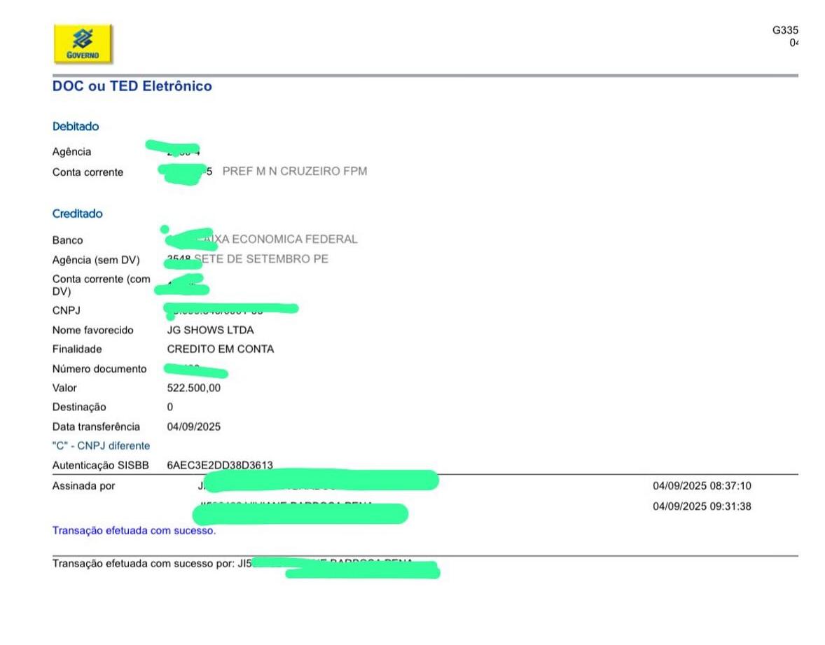 Prefeitura de Novo Cruzeiro chegou a publicar a transferência do pagamento para comprovar aos cidadãos que pagou por show de João Gomes
