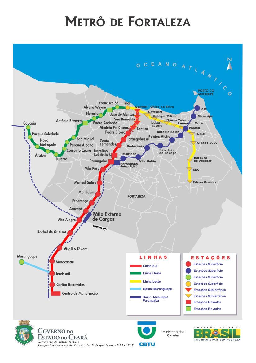 imagem mostra mapa de todas as linhas de metrô em fortaleza