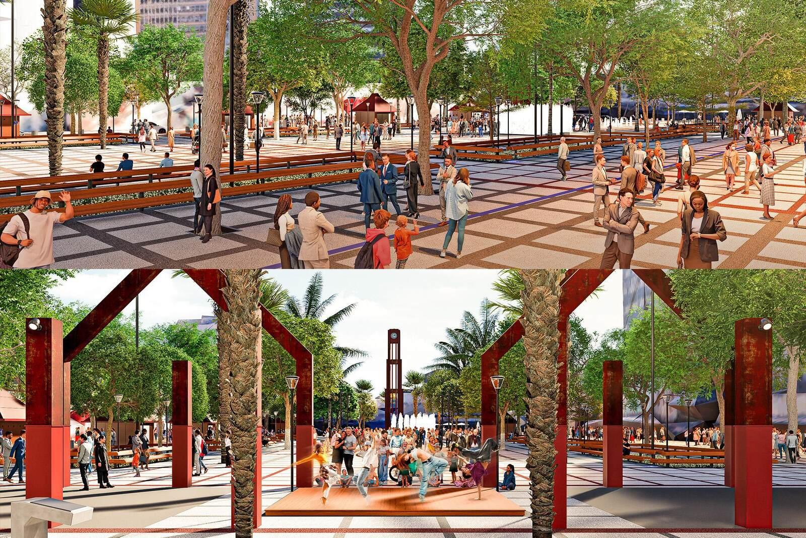 Imagem de computação gráfica apresenta montagem de duas cenas: na parte superior, a Praça do Ferreira com calçamento e vegetação, mostrando pessoas caminhando e socializando. Na parte inferior, uma estrutura moderna com vigas marrons emoldura um palco onde pessoas dançam, e ao fundo, a torre do relógio da praça é visível.