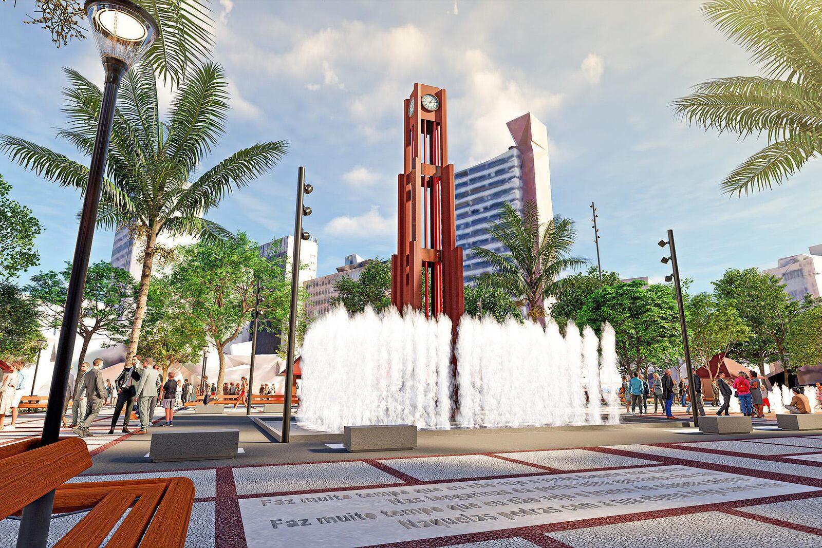 Imagem de computação gráfica mostra torre do relógio da Praça do Ferreira, em tons de marrom-avermelhado. Há uma grande fonte com jatos de água em sua base. Ao redor, há palmeiras, bancos de madeira e iluminação moderna. No chão, há inscrições em português.