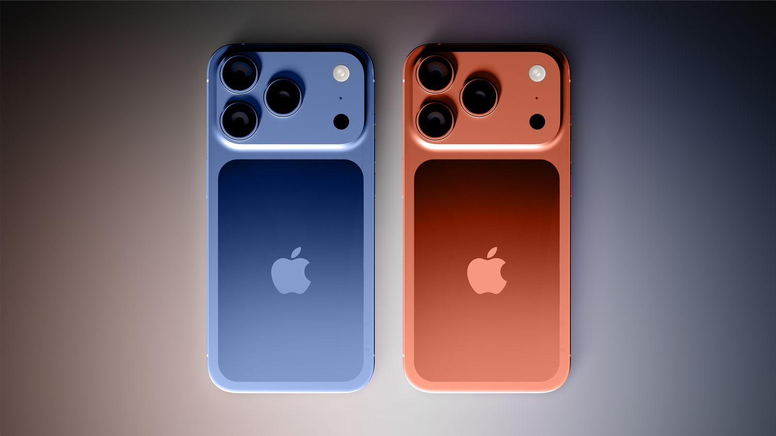 Dois smartphones Apple iPhone com câmera tripla, um na cor azul e outro na cor vermelha, colocados sobre fundo neutro, destacando design e tecnologia.