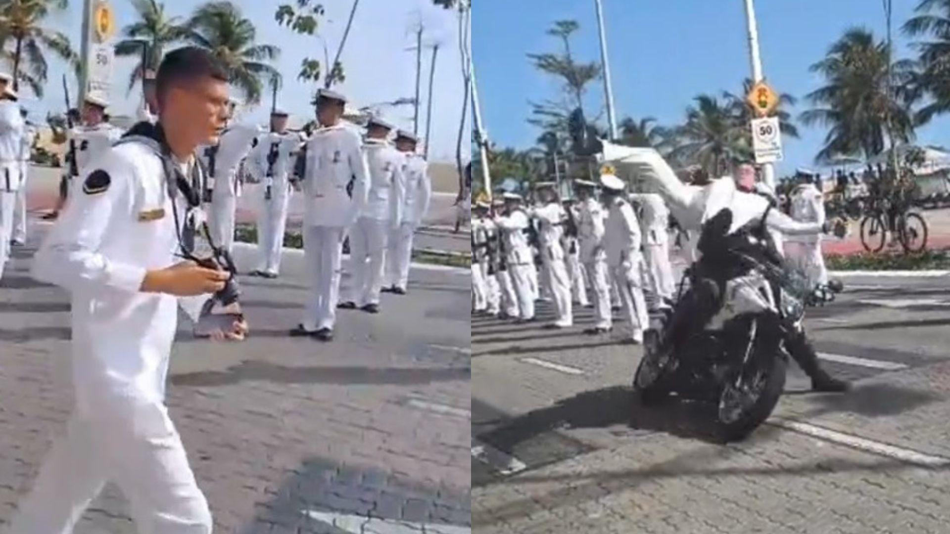 Duas fotos, uma à esquerda e outra à direita. Em ambas, há militares em desfile de 7 de Setembro, com uniformes brancos. Na foto da esquerda, um militar em destaque, segurando uma câmera, com o desfile ao fundo. Na direita, o mesmo militar atingido por um motociclista em ação durante o evento na Avenida Beira Mar.