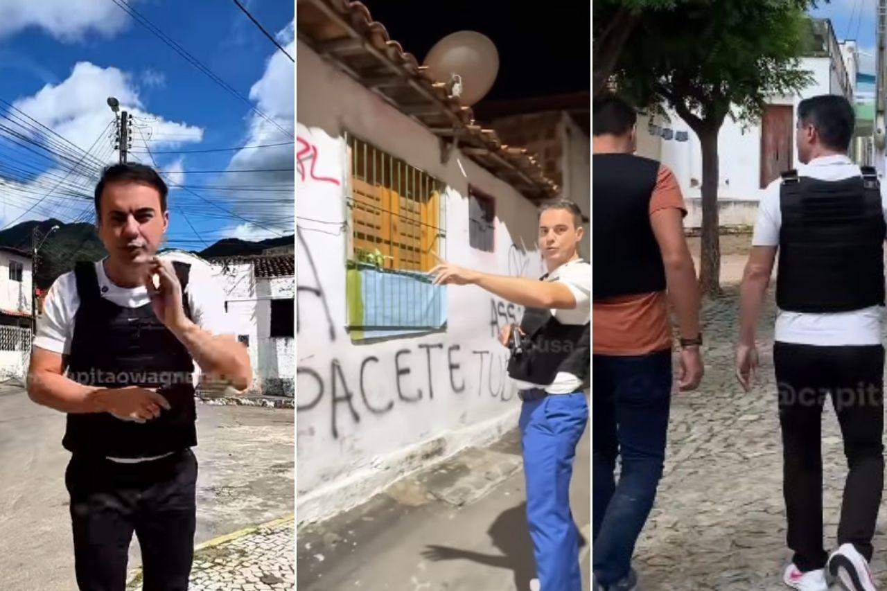 Capit&atilde;o Wagner circulando pelas ruas armado e com colete enquanto aponta para picha&ccedil;&otilde;es de fac&ccedil;&otilde;es