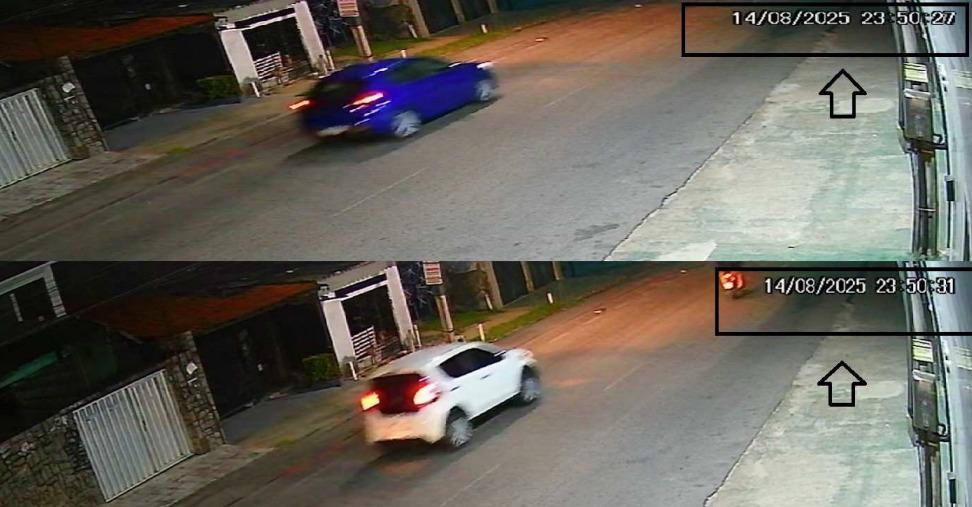 Imagens de câmeras de segurança mostram um carro Peugeot 208 azul sendo seguido por um Fiat Mobi branco, antes de um duplo homicídio em Fortaleza