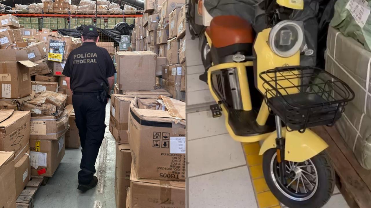 Agentes da PF durante operação em galpão com produtos de origem chinesa no Ceará