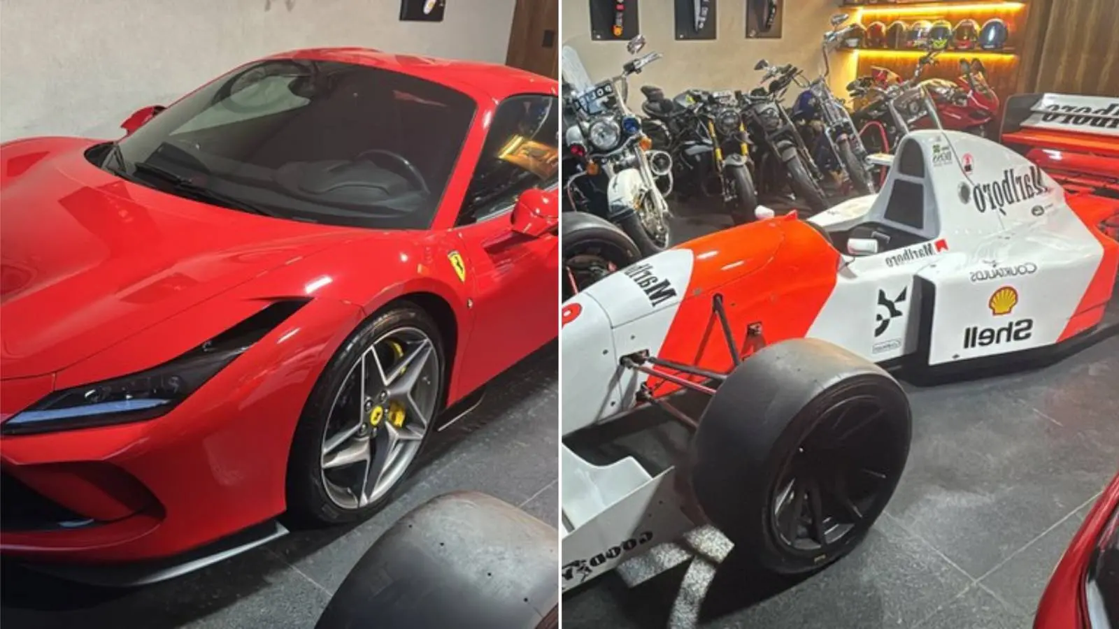 Imagem mostrando um carro esportivo vermelho Ferrari ao lado de um carro de corrida de Fórmula 1 em um showroom ou garagem de veículos de alta performance, com motos ao fundo, apreendidos em operação da pf que prendeu careca do inss
