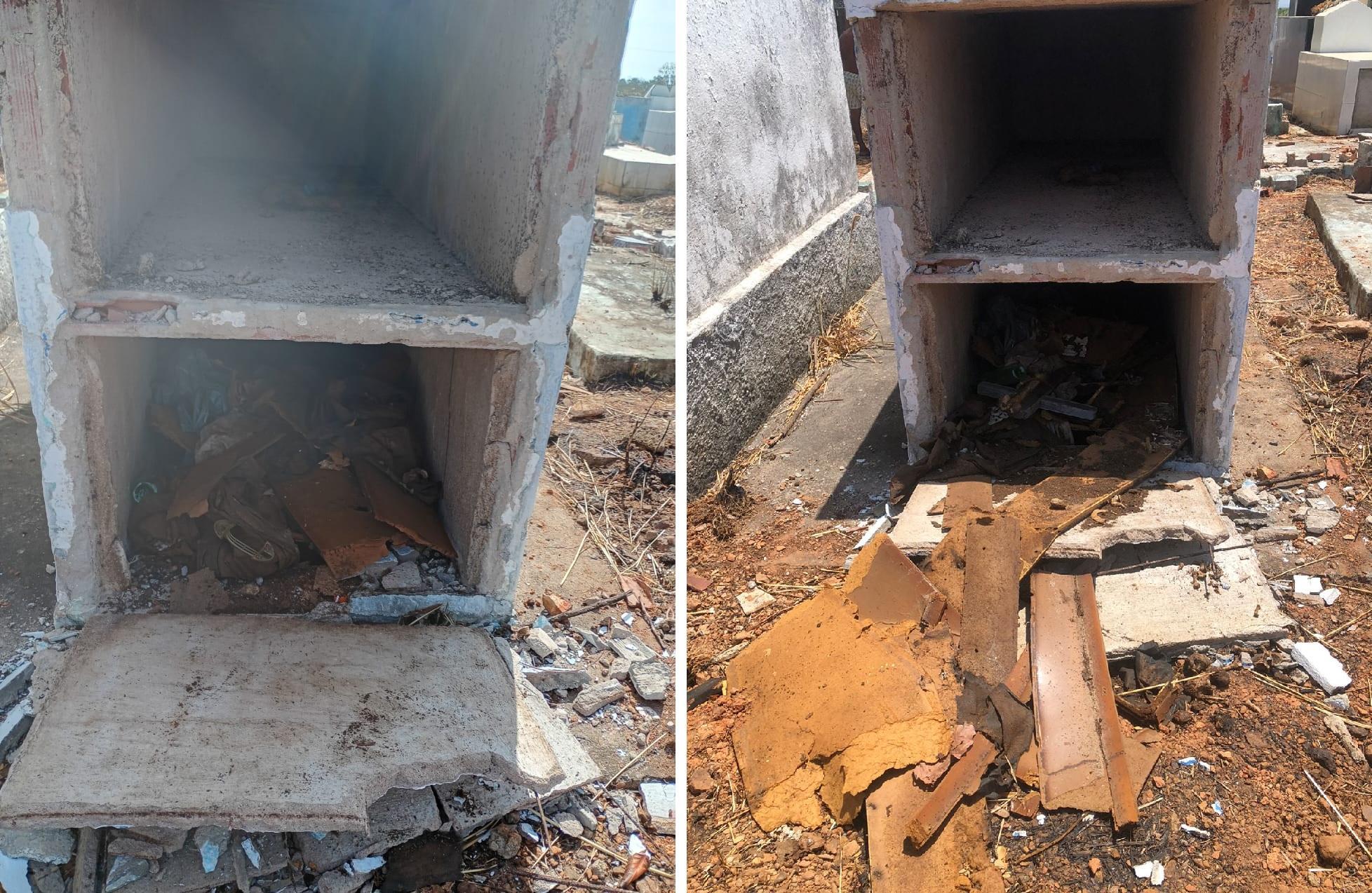 Imagem mostra túmulos quebrados no Cemitério dos Gomes, em Coreaú, Interior do Ceará