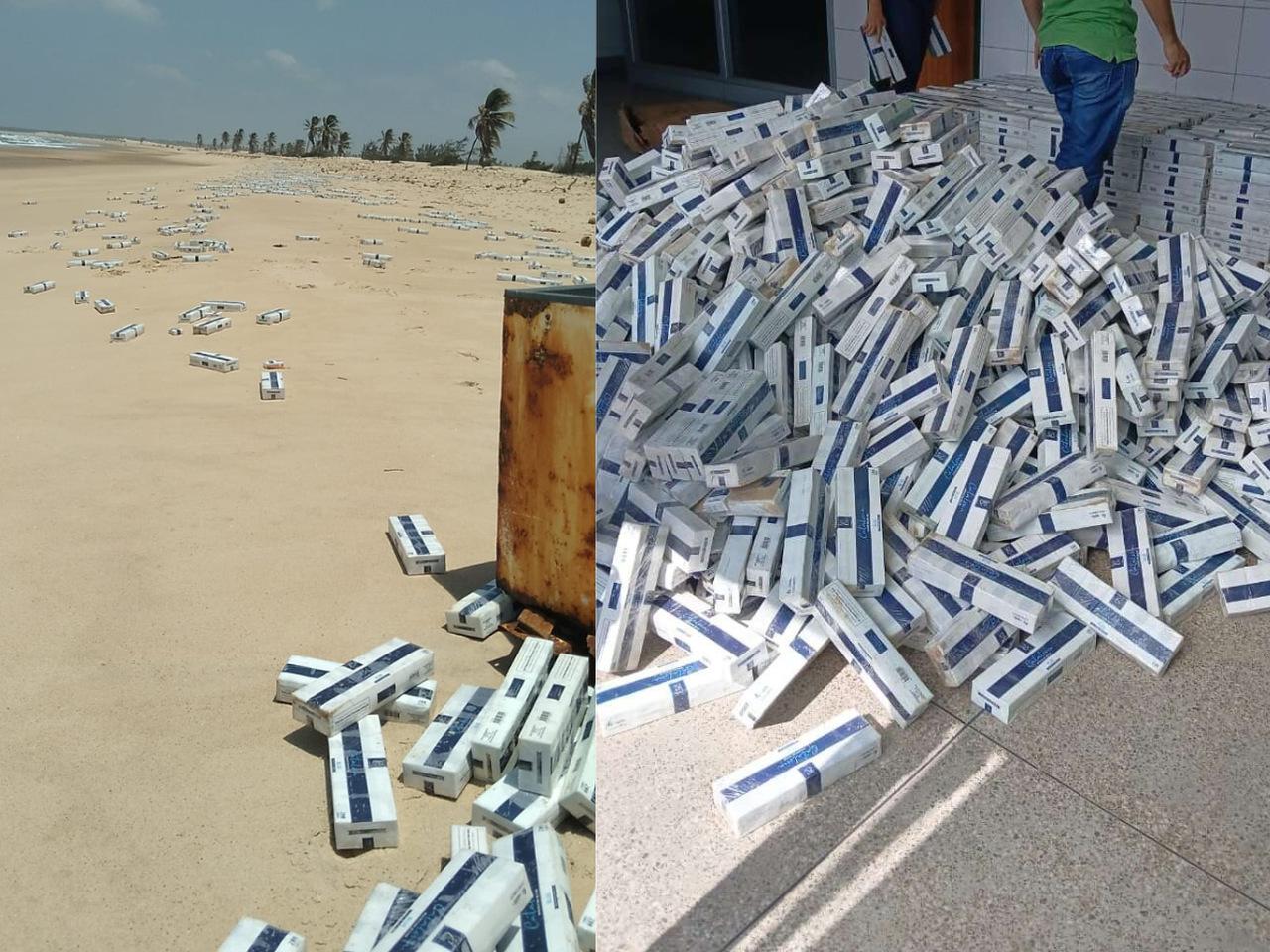 Fotos que mostram cigarros contrabandeados apreendidos e na faixa de areia em Paraipaba