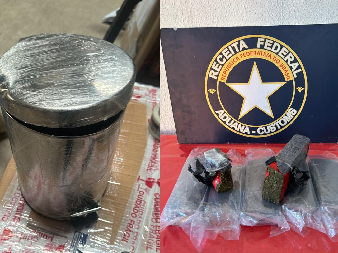 Foto de lixeira onde estava escondida droga apreendida pela receita federal em fortaleza