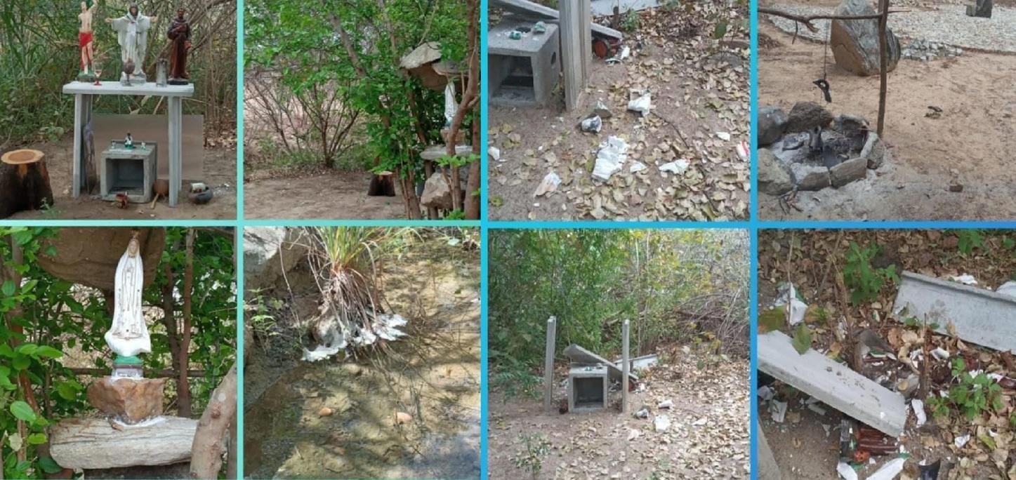 Montagem de fotos mostrando estátuas e altares intactos em terreiro de umbanda, à esquerda, e materiais destruídos à direita