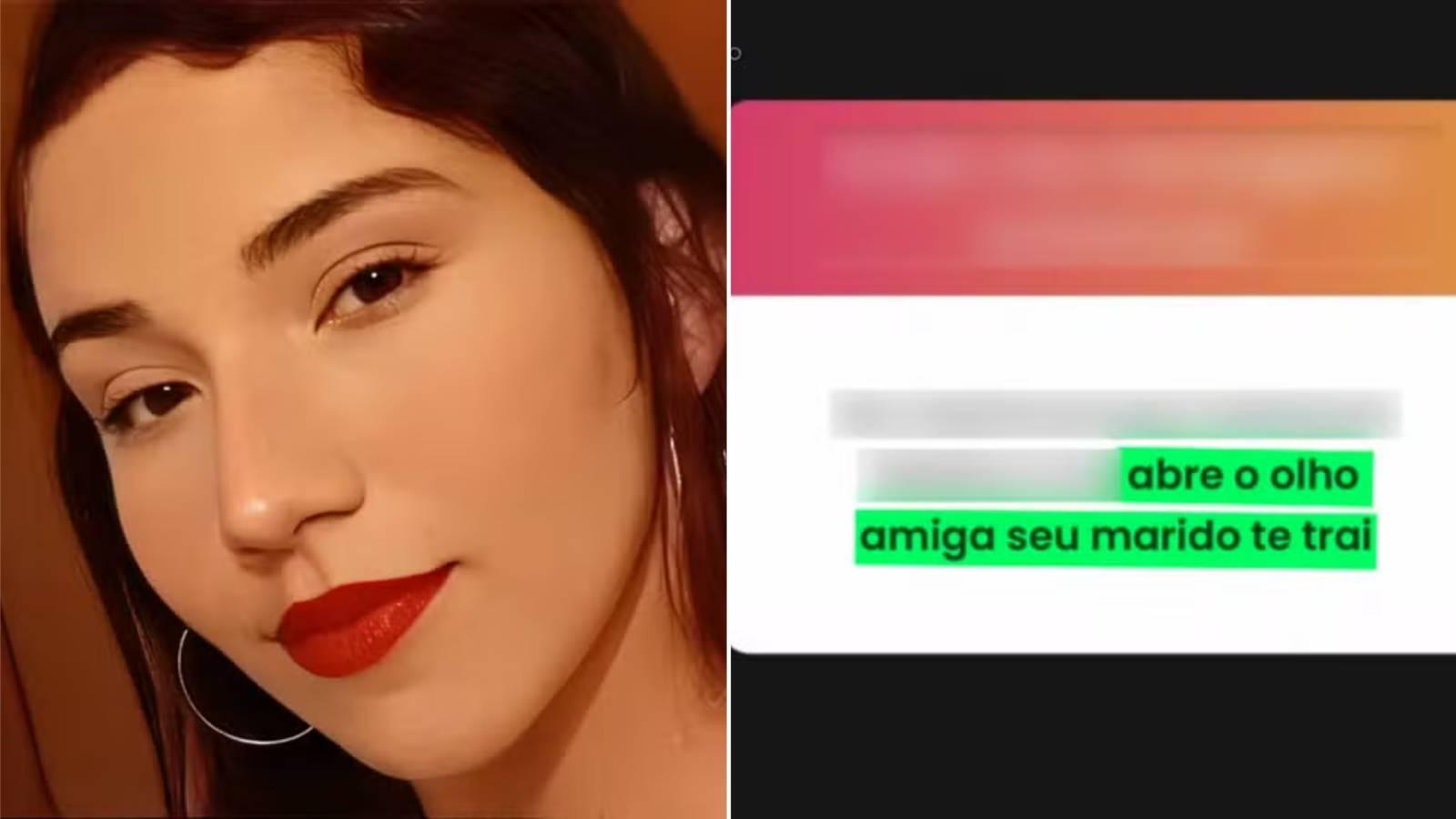 Montagem mostra selfie de Anielly Sousa Silva (à esquerda), presa suspeita de usa rede de fofoca para extorquir pessoas em Minas Gerais, ao lado de print de caixa de mensagem anônimas acusando alguém de traição