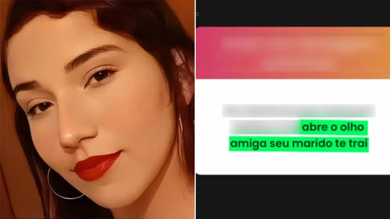 Montagem mostra selfie de Anielly Sousa Silva (à esquerda), presa suspeita de usa rede de fofoca para extorquir pessoas em Minas Gerais, ao lado de print de caixa de mensagem anônimas acusando alguém de traição