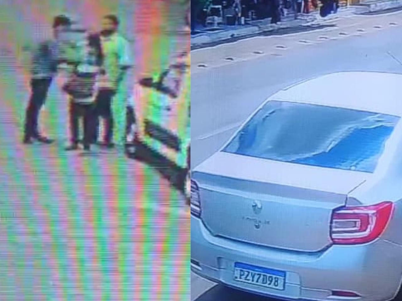 Foto montagem de imagens de câmera de segurança que mostram suspeitos abordando idosa de 74 anos para dar um golpe nela em Juazeiro do Norte. A segunda foto mostra o carro no qual eles levaram a mulher para um banco
