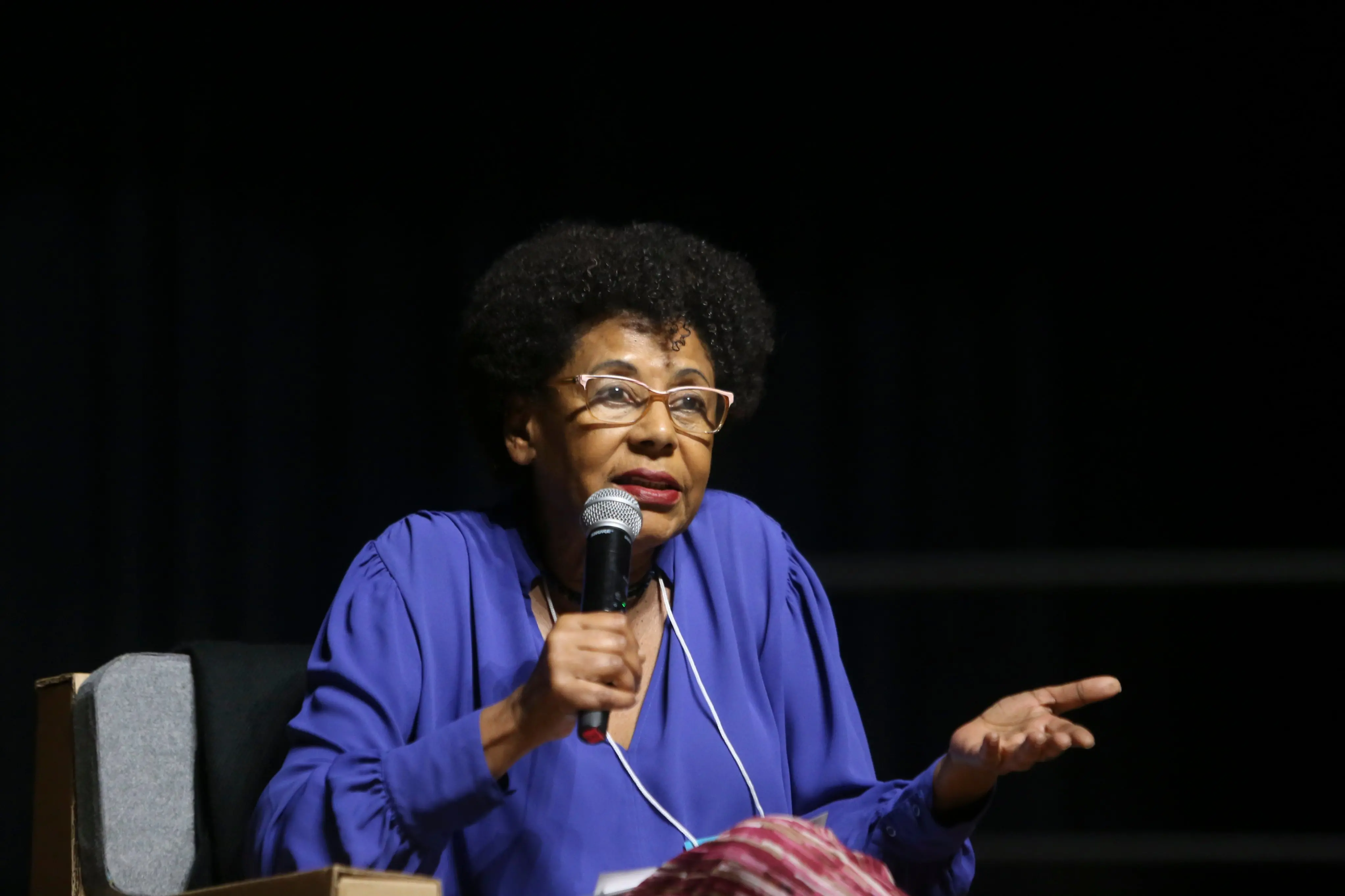 Uma foto em close de Cida Bento, uma mulher negra com cabelos afro curtos, segurando um microfone e gesticulando com a mão esquerda enquanto fala em uma palestra. Ela usa um blusa azul de mangas compridas e óculos de armação clara. O fundo é escuro.