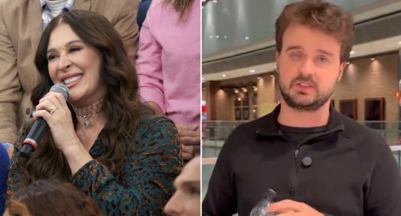 Montagem de fotos mostra Cláudia Raia à esquerda e Rodolfo à direita. Ela é uma mulher de meia idade, branca, com cabelos lisos castanhos e ele é um jovem loiro de barba rala