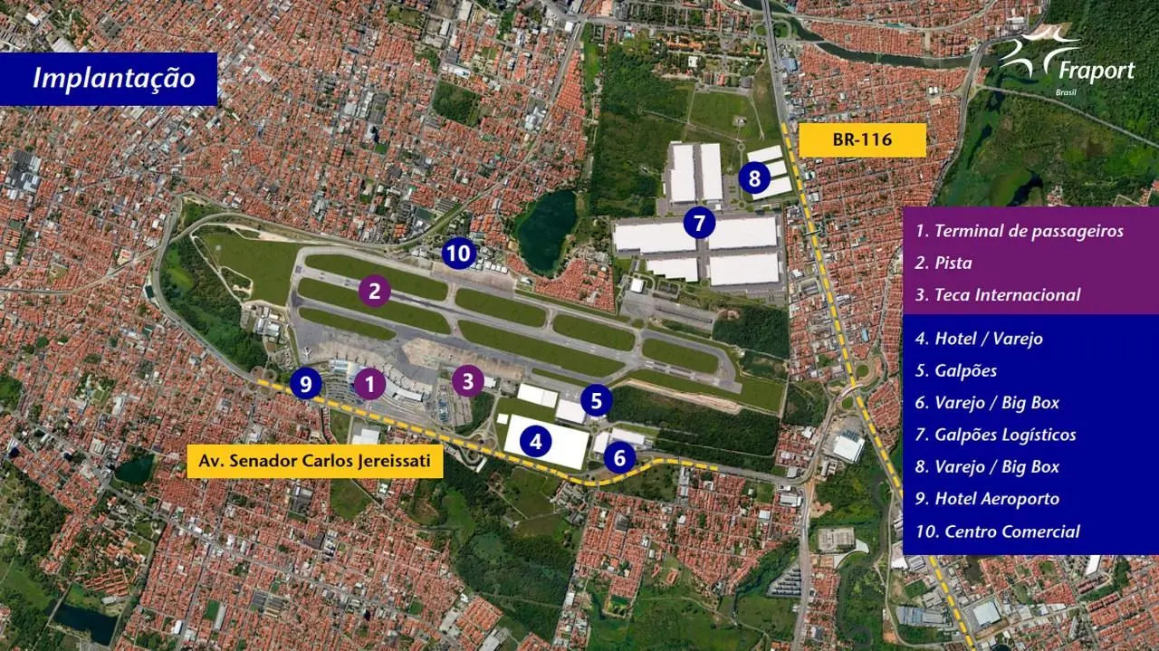 Foto que contém mapa do Aeroporto Cidade, um dos projetos em desenvolvimento pela Fraport Brasil em Fortaleza