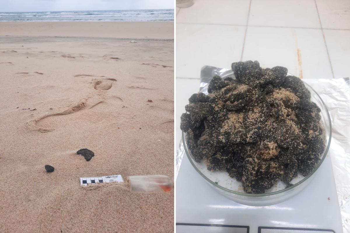Imagens de manchas de óleo identificadas em trechos de praia do litoral cearense, como Fortaleza e Aquiraz