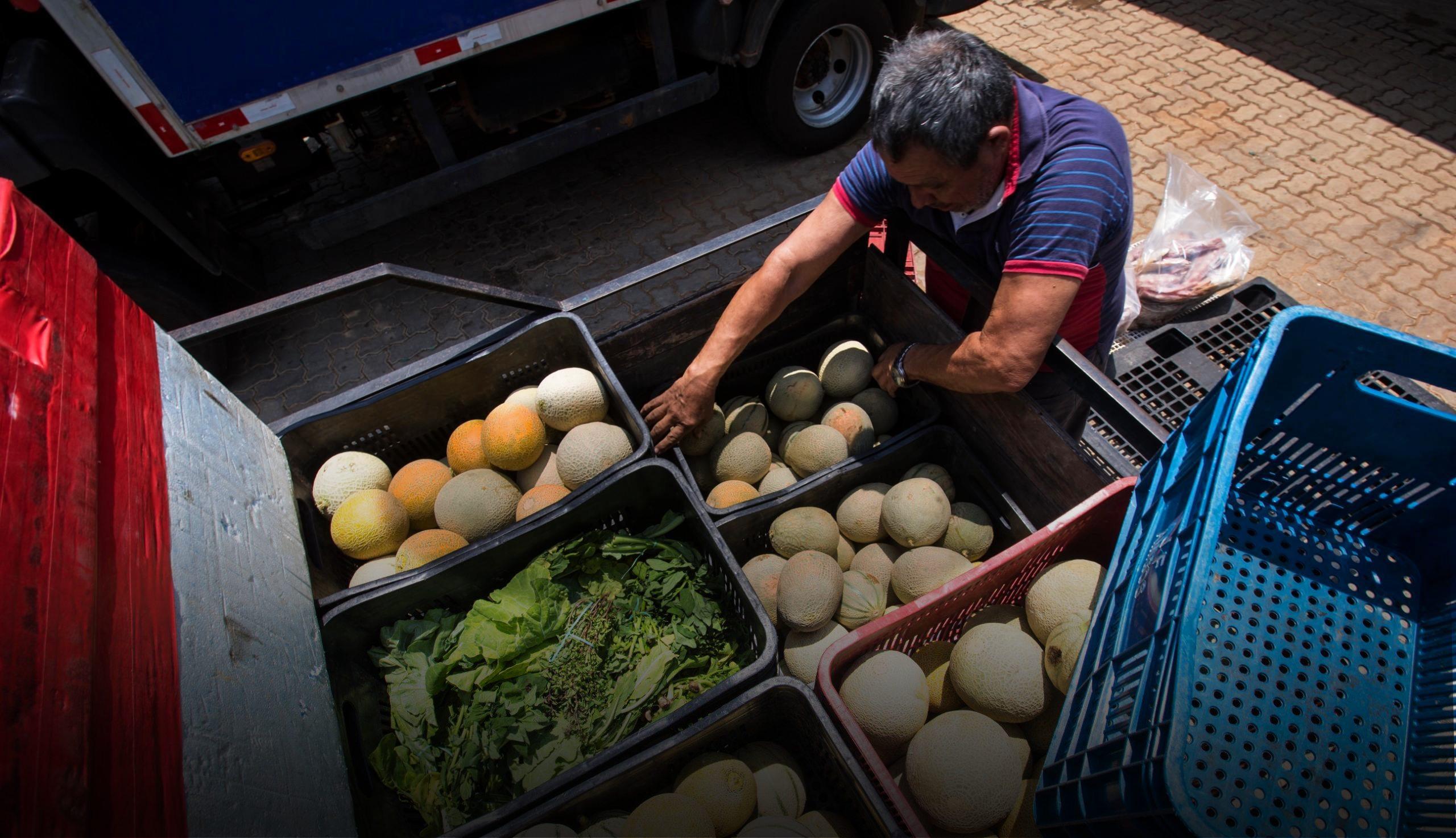 Homem carrega carro com engradados de frutas e verduras