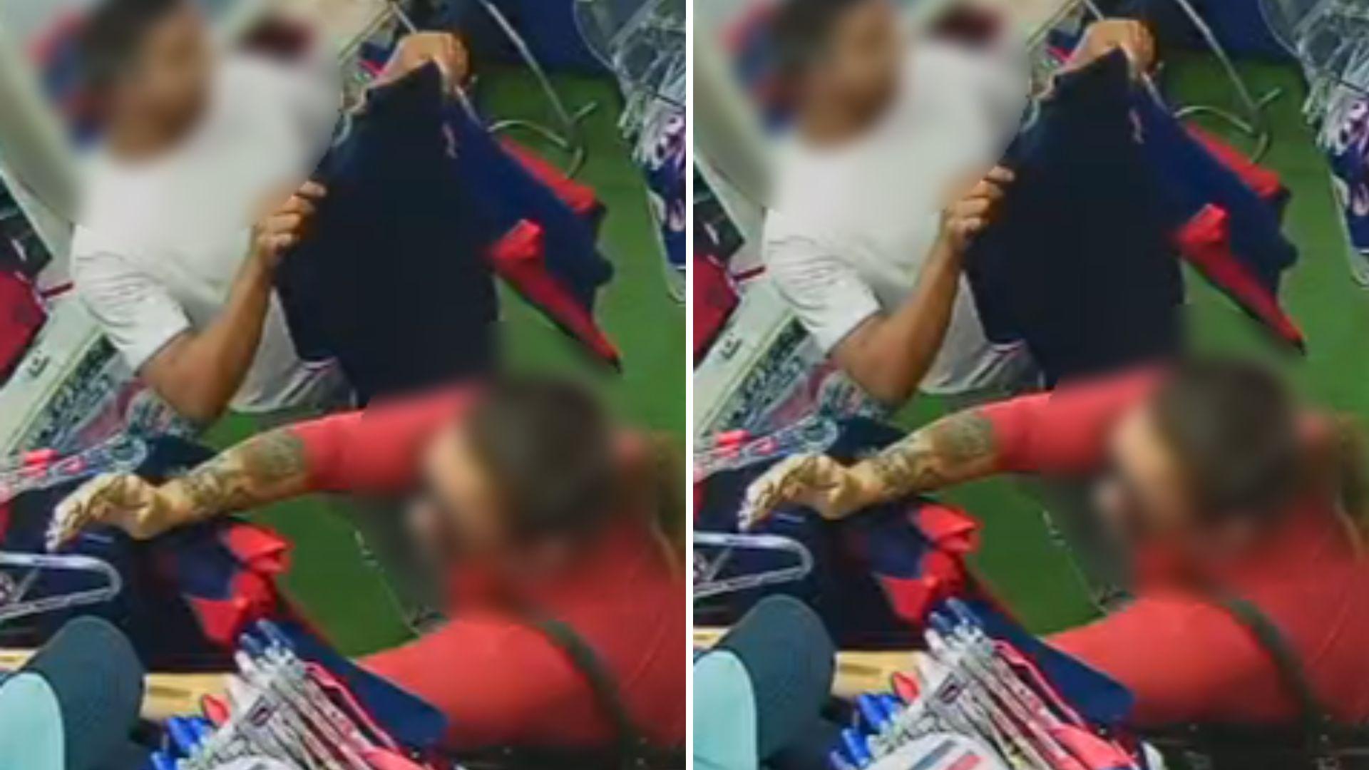 Imagens da câmera de segurança da loja Tricolaço, que mostra o momento em que um casal furta seis blusas