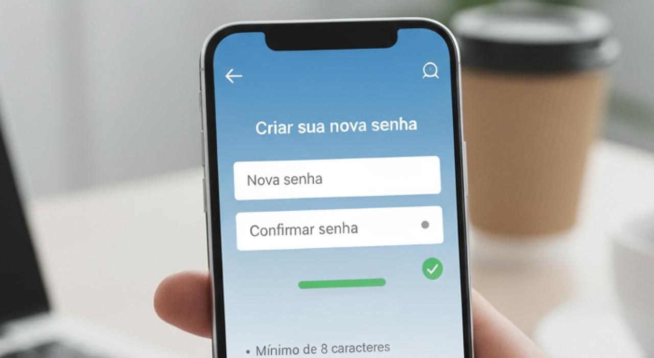 Uma pessoa segura um smartphone exibindo a tela de 'Criar sua nova senha' em um aplicativo, com campos para 'Nova senha' e 'Confirmar senha'. Há indicadores de força da senha e requisitos como 'Mínimo de 8 caracteres', 'Incluir letras maiúsculas e minúsculas', 'Incluir números' e 'Incluir símbolos'. No fundo desfocado, há um escritório com um laptop, um copo de café e uma xícara. A imagem sugere a criação de senhas seguras em dispositivos móveis