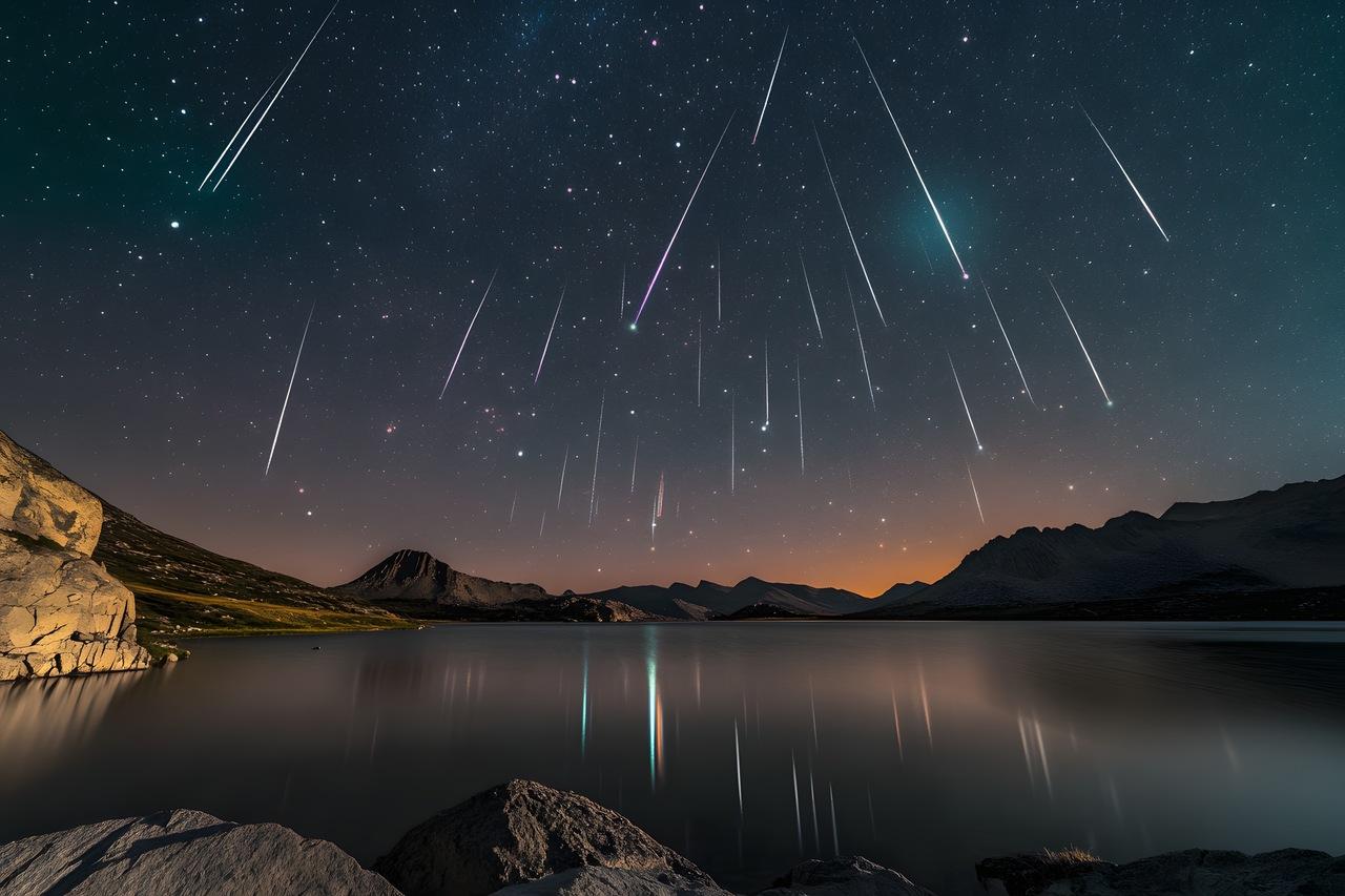 Observação de estrelas e meteoros caindo no céu noturno acima de uma paisagem de lago e montanhas na noite clara, ideal para astronomia.