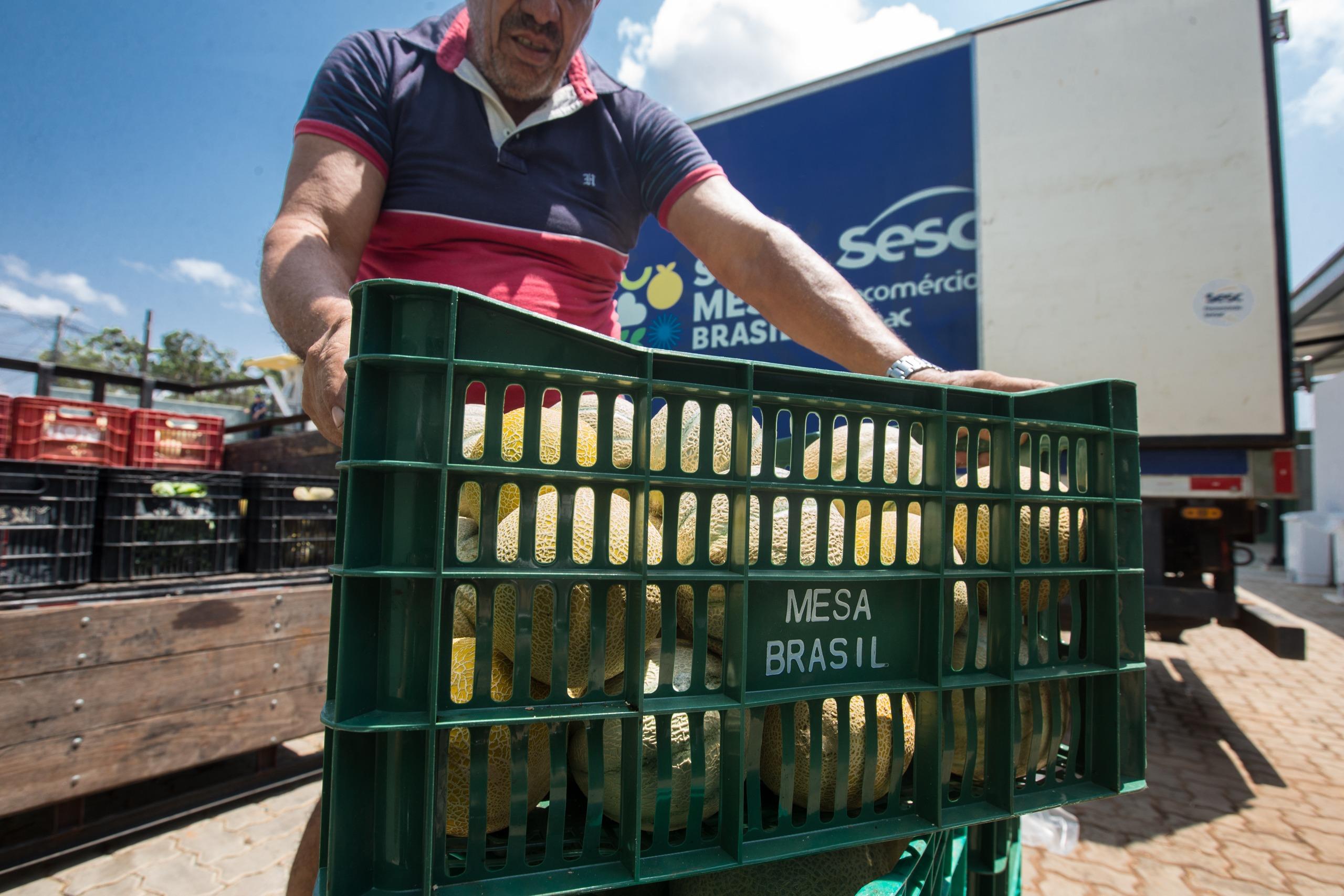Imagem mostra um homem de camisa vermelha e azul carregando um engradado verde cheio de melões