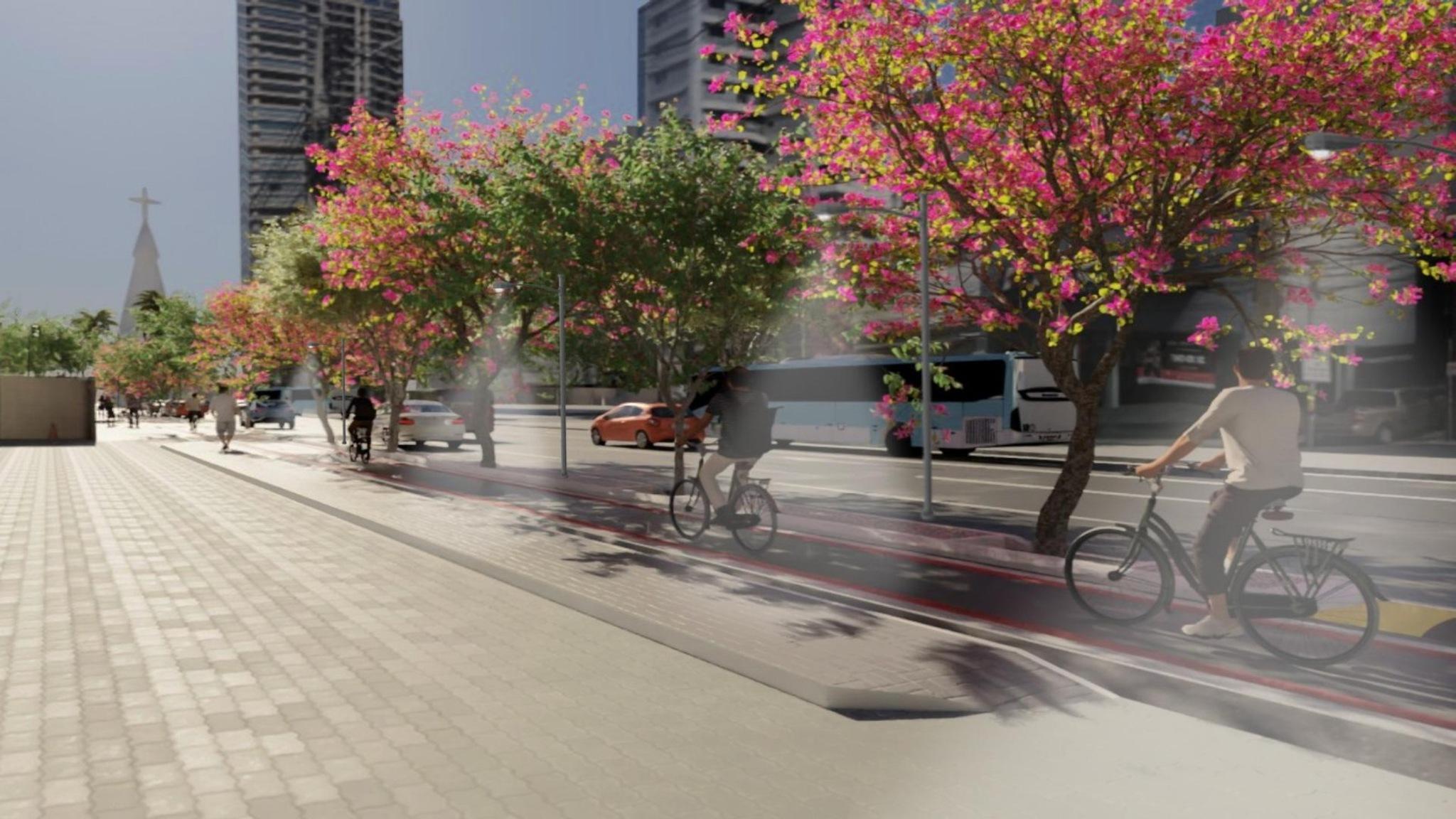 Projeto de ciclovia arborizada na Avenida Dom Luís, em Fortaleza, separada da via com carros e ônibus por um canteiro central com árvores floridas de copa rosa.